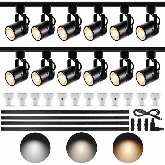 GU10 LED 3CCT Black Track Lighting Kit 3000K/4000K/6000K Adjustable with 13.1FT H-Type Track Light Rails, 12PCS Ceiling Spotlight Fixture with Replaceable 10W LED Bulbs
