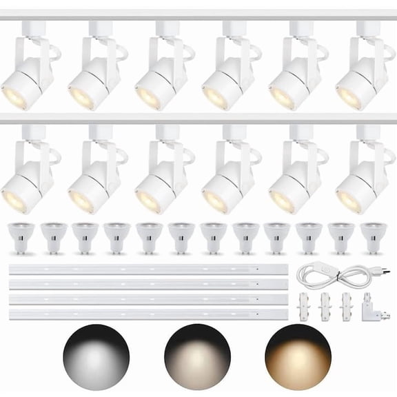 GU10 LED 3CCT White Track Lighting Kit 3000K/4000K/6000K Adjustable with 13.1FT H-Type Track Light Rails, 12PCS Ceiling Spotlight Fixture with Replaceable GU10 Bulbs
