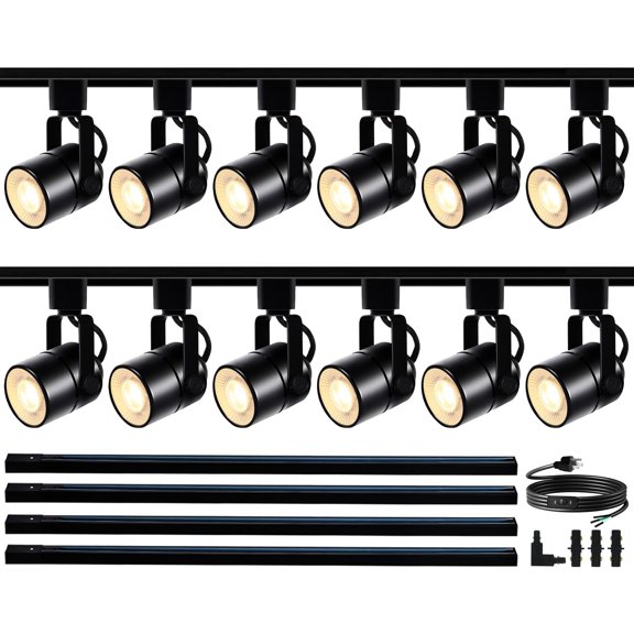 GU10 LED Black Track Lighting Complete Kit, 3000K Warm White, 12 Packs GU10 Dimmable Ceiling Spotlight Fixture with 13.12ft H Type Track Rails, Replaceable 10W LED Bulbs for Home