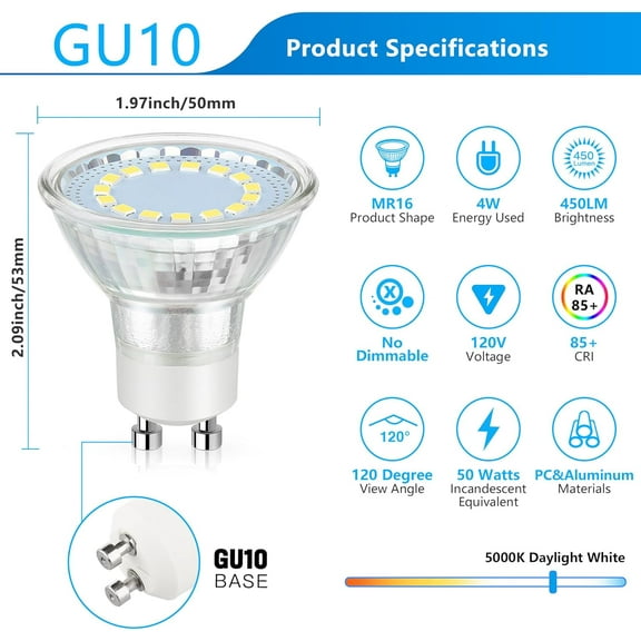 GU10 LED Light Bulb, 50 Watt Halogen Equivalent, Daylight White 5000K 450LM Non-Dimmable 4W LED Replacement Recessed Track Lighting, 5-Pack