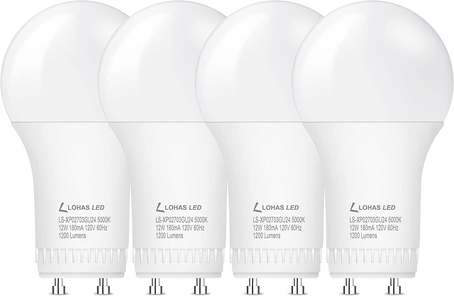 GU24 Base LED Bulb, 12W Daylight 5000K, A19 Shape, Ceiling Fan Light, 4