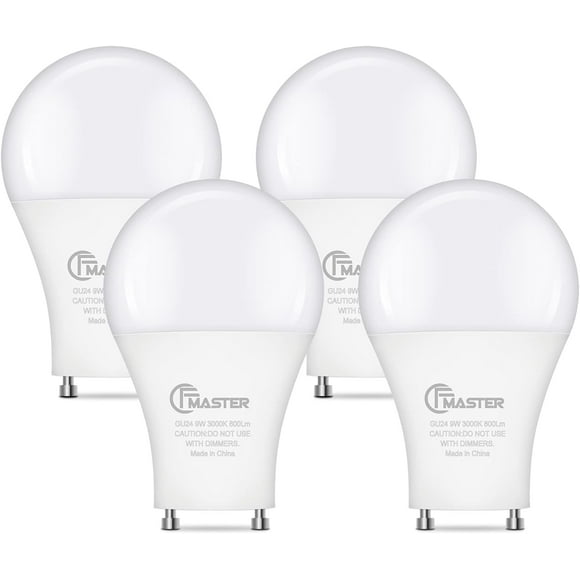 GU24 LED Light Bulb, 3000K Warm White, 9W(100W Equivalent), 800 Lumens, A19 Shape GU24 LED Bulbs, Twist and Lock GU24 Pin Base with Two Prongs, Non-Dimmable, UL ETL Certificated(4-Pack)