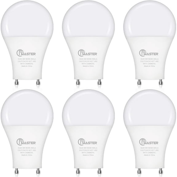GU24 LED Light Bulb, 3000K Warm White, 9W(100W Equivalent), 800 Lumens, A19 Shape GU24 LED Bulbs, Twist and Lock GU24 Pin Base with Two Prongs, Non-Dimmable, UL ETL Certificated(6-Pack)