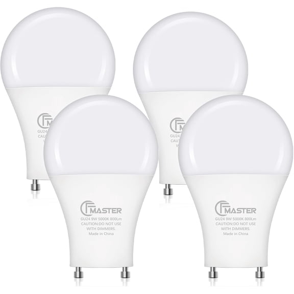 GU24 LED Light Bulb, 5000K Daylight, 9W(100W Equivalent), 800 Lumens, A19 Shape GU 24 LED Bulbs, Twist and Lock GU24 Pin Base with Two Prongs, Non-Dimmable, UL ETL Certificated(4-Pack)