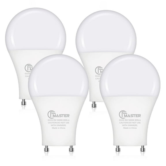GU24 LED Light Bulb, 5000K Daylight, 9W(100W Equivalent), 800 Lumens, A19 Shape GU24 LED Bulbs, Twist and Lock GU24 Pin Base with Two Prongs, Non-Dimmable, UL ETL Certificated(4-Pack)