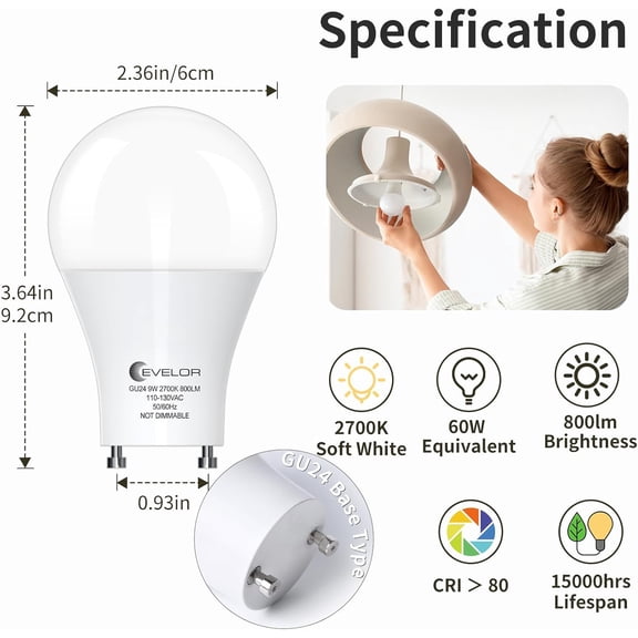 GU24 LED Light Bulb,60 Watt Equivalent Soft White 2700K,Non-Dimmable,Efficient 9W,800 Lumens Twist and Lock 2 Prong Light Bulbs,15000 Hours,Ideal for Kitchen,Living Room,Bedroom,6-Packs