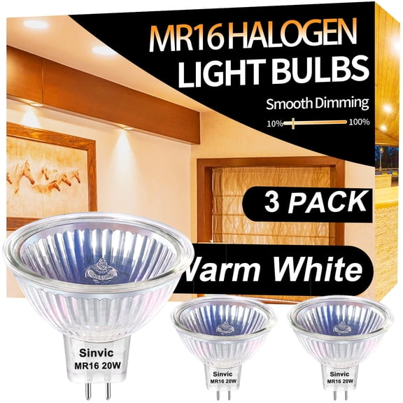 Sinvic 3 Pcs MR16(GU5.3) 20W Halogen Track Light Bulbs , 12V MR16 Base, Dimmable 2800K Warm White