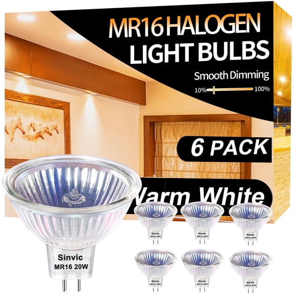Sinvic 6 Pcs MR16(GU5.3) 20W Halogen Track Light Bulbs , 12V MR16 Base, Dimmable 2800K Warm White