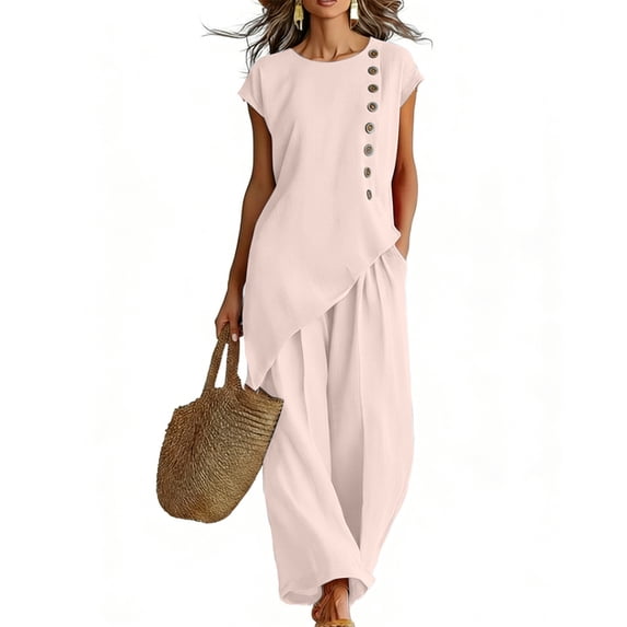 GUACER 2-Piece Sets for Women Buttoned Asymmetrical Top and Wide-Leg Pants Set Summer Casual Clothes