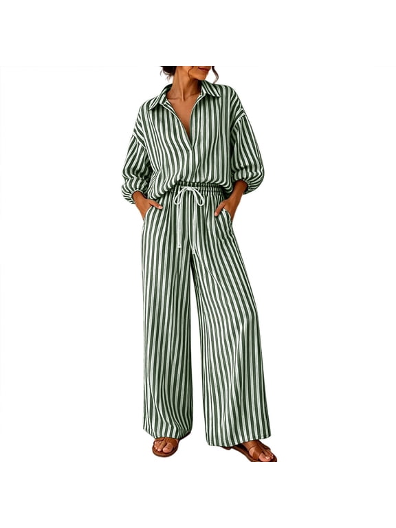 2-Piece Sets for Women Striped 3/4 Sleeve Shirt Collar Top and Wide Leg Pants Set Summer Casual Outfit