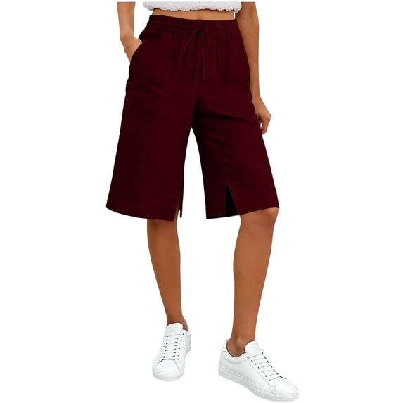 GUACER Bermuda Shorts for Women Solid Color Fashion Elastic Waisted Drawstring with Pockets Casual Shorts