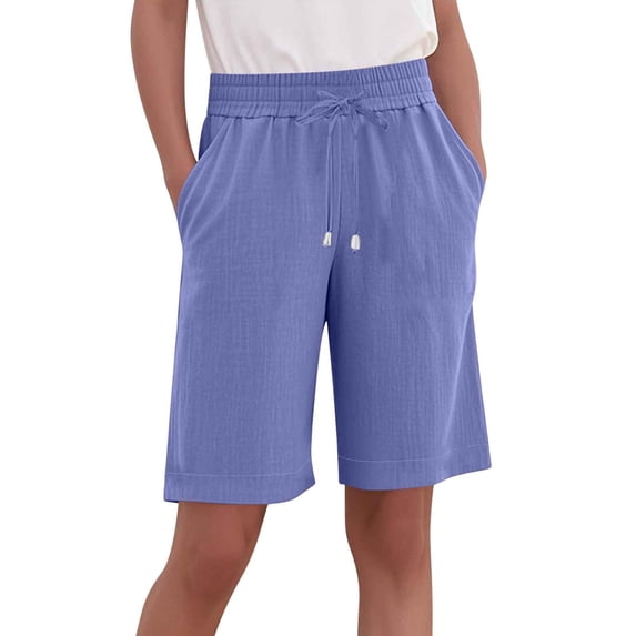 GUACER Bermuda Shorts for Women Trendy Drawstring Elastic Waist Linen Loose Casual Summer Wide Leg Pants with Pockets