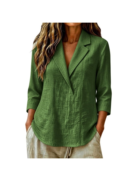 Blazer Shirts for Women Trendy 3/4 Sleeve Open Front Collared Cotton Linen Lightweight Casual Office Jackets