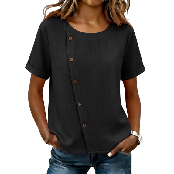GUACER Blouses for Women Short Sleeve Cotton Linen Casual Round Neck Button Down Tops Relaxed Fit Shirts