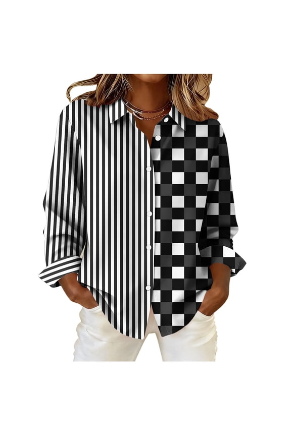 Blouses for Women Striped & Checkered Color Block Long Sleeve Tops Asymmetrical Patchwork Button Down Shirts