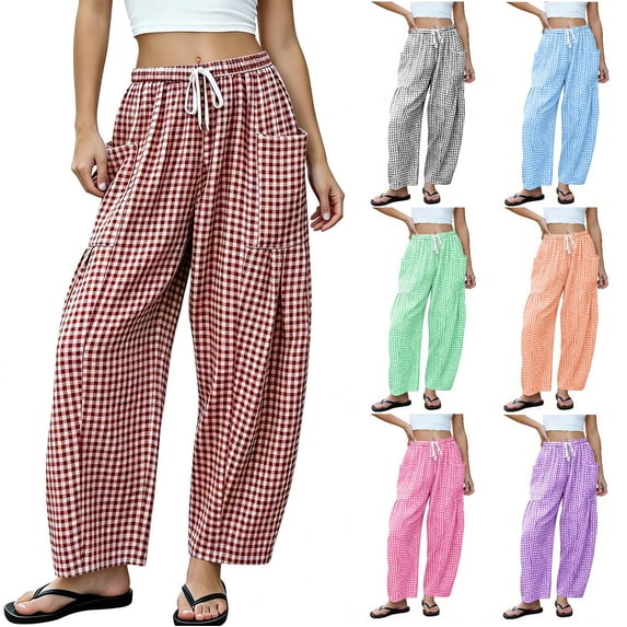 GUACER No Boundarie Gingham Plaid Pants for Women Casual Baggy Wide Leg Trousers Elastic Drawstring Waist Lightweight Summer Lounge Pants with Front Pockets