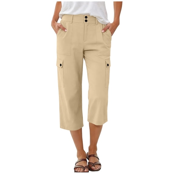 GUACER Cargo Pants for Women Casual Elastic Waisted Button Pockets Wide Leg Capri Pants
