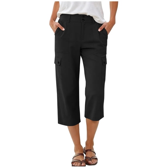 GUACER Cargo Pants for Women Casual Elastic Waisted Button Pockets Wide Leg Capri Pants