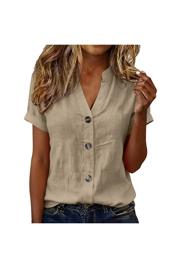Casual Short Sleeve Tops for Women Cotton Linen V Neck Button Relaxed Fit Solid Fashion T Shirts