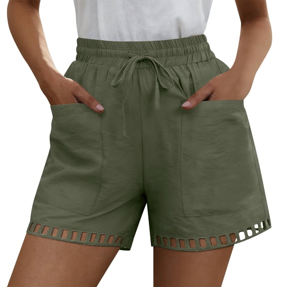 GUACER Casual Shorts for Women High Waisted Boho Drawstring Beach Shorts with Eyelet Cutout Hem & Big Pockets