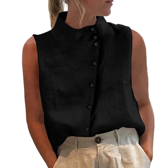 GUACER Casual Sleeveless Blouses for Women Stand Collar with Side Button Cotton Summer Tank Tops