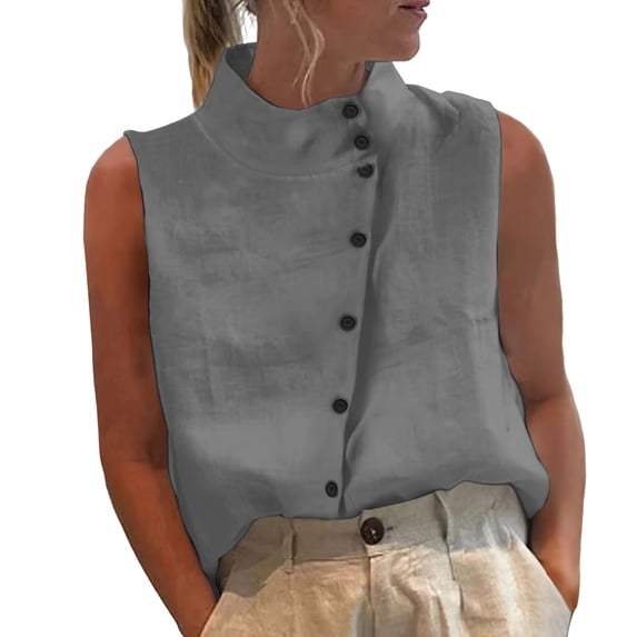 GUACER Casual Sleeveless Blouses for Women Stand Collar with Side Button Cotton Summer Tank Tops