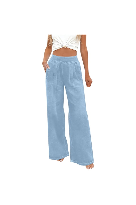 Casual Wide Leg Pants for Women Fashion Solid Denim Look Pleated Elastic Waisted with Pockets Straight Leg Pants