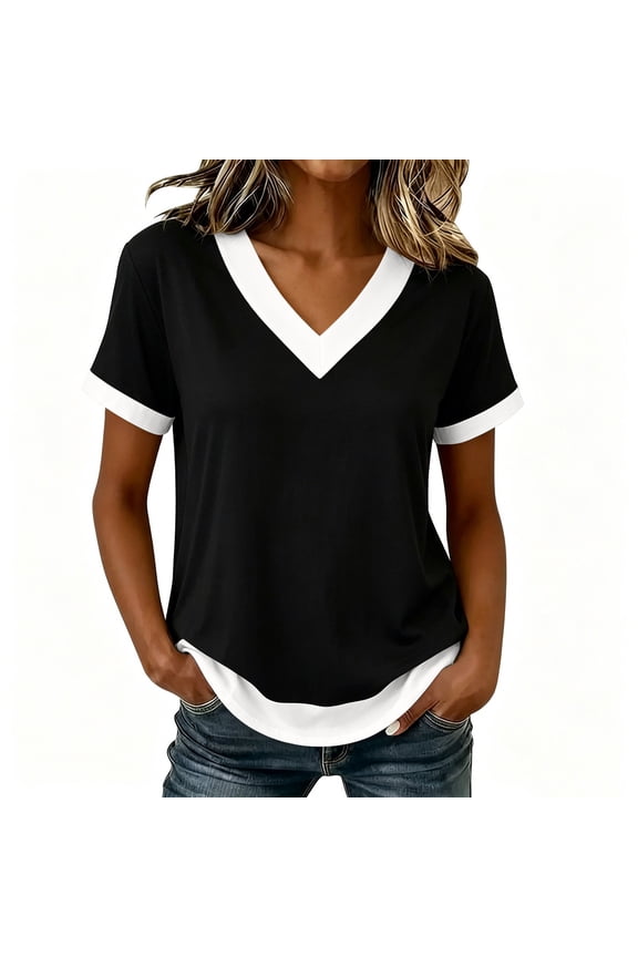 Color Block V-Neck T-Shirt for Women Short Sleeve Casual Top with Contrast Trim Relaxed Fit Tee