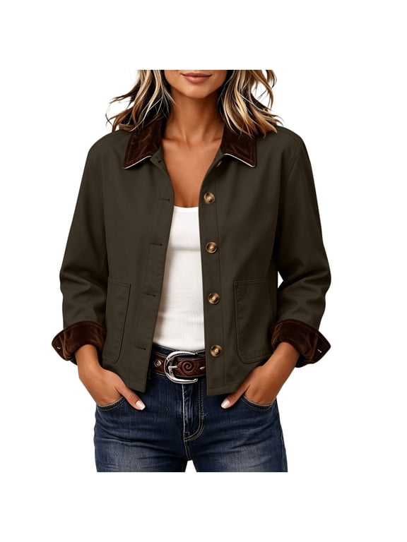 Corduroy Collar Jackets for Women with Pockets Loose Fit Button Front Long Sleeve Short Coats Fall Casual Outerwear