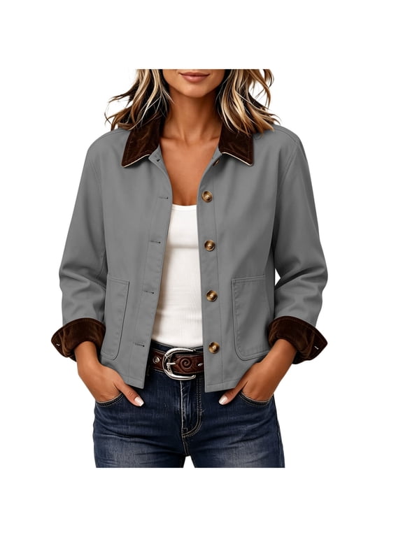 Corduroy Collar Jackets for Women with Pockets Loose Fit Button Front Long Sleeve Short Coats Fall Casual Outerwear