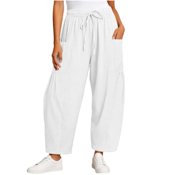 GUACER Cotton Linen Harem Pants for Women Elastic Waist Drawstring Casual Wide Leg Trousers with Pockets