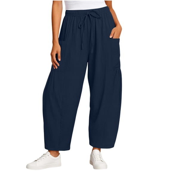 GUACER Cotton Linen Harem Pants for Women Elastic Waist Drawstring Casual Wide Leg Trousers with Pockets
