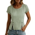 thumbnail image 1 of GUACER Cotton Linen Short Sleeve Tops for Women Crew Neck Button Detail Side Slit Blouses for Casual Summer, 1 of 6