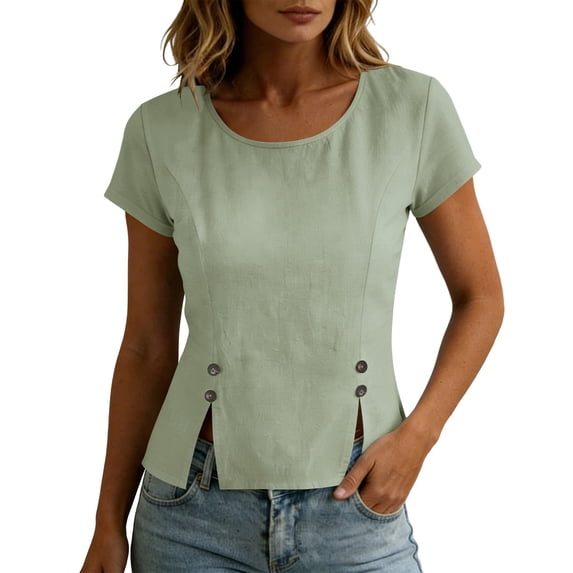 GUACER Cotton Linen Short Sleeve Tops for Women Crew Neck Button Detail Side Slit Blouses for Casual Summer