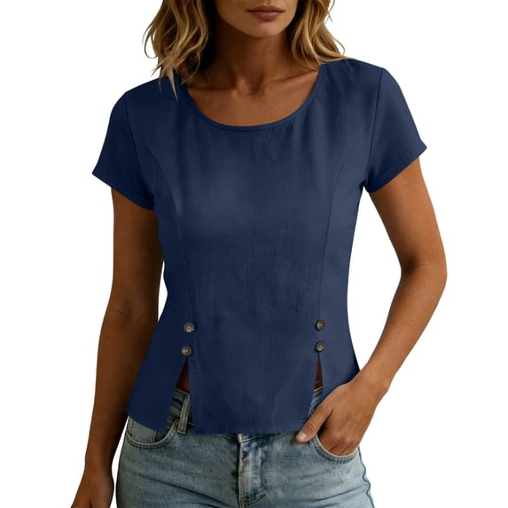 GUACER Cotton Linen Short Sleeve Tops for Women Crew Neck Button Detail Side Slit Blouses for Casual Summer