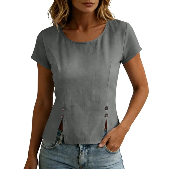 GUACER Cotton Linen Short Sleeve Tops for Women Crew Neck Button Detail Side Slit Blouses for Casual Summer