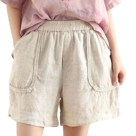 GUACER Cotton Linen Shorts for Women Plus Size with Pockets Elastic Waist Casual Shorts for Summer