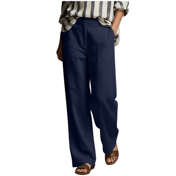GUACER Cotton Linen Wide Leg Pants for Women Drawstring Waist with Pockets Casual Summer Trousers