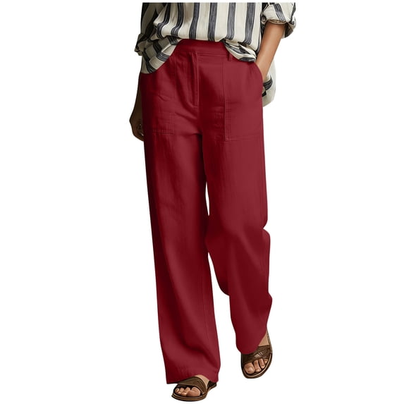GUACER Cotton Linen Wide Leg Pants for Women Drawstring Waist with Pockets Casual Summer Trousers