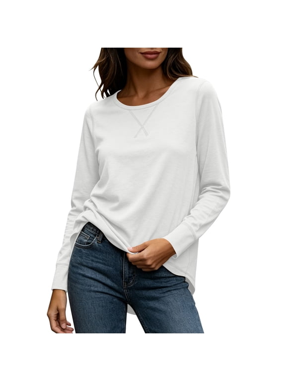 Crewneck Long Sleeve Tops for Women Soft Knit with High-Low Hem & X-Stitch Casual Loose Shirts