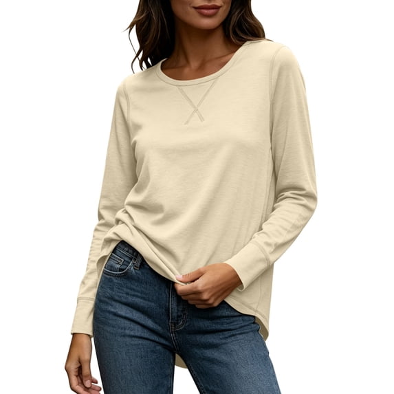 GUACER Crewneck Long Sleeve Tops for Women Soft Knit with High-Low Hem & X-Stitch Casual Loose Shirts