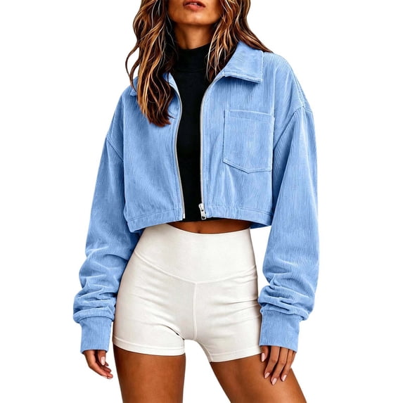 GUACER Cropped Jackets for Women Winter Corduroy Trendy Zip Up Collared Long Sleeve Outerwear with Chest Pocket