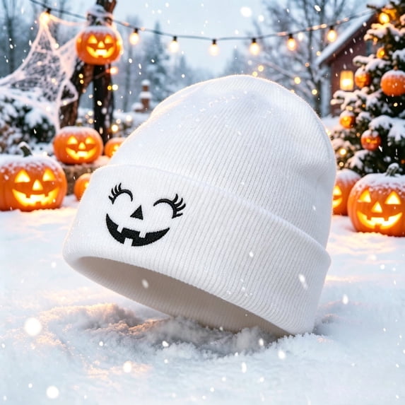 GUACER Cute Pumpkin Face Beanies for Women Halloween Cozy Soft Warm Cuffed Hats for Fall Winter Casual