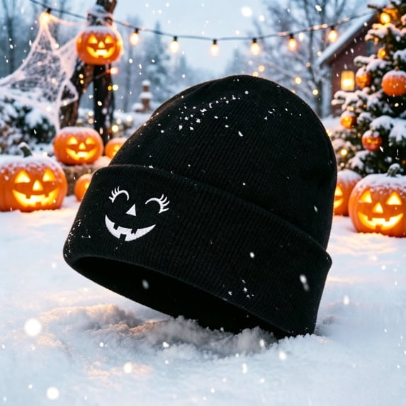 GUACER Cute Pumpkin Face Beanies for Women Halloween Cozy Soft Warm Cuffed Hats for Fall Winter Casual