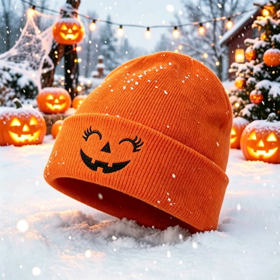 GUACER Cute Pumpkin Face Beanies for Women Halloween Cozy Soft Warm Cuffed Hats for Fall Winter Casual