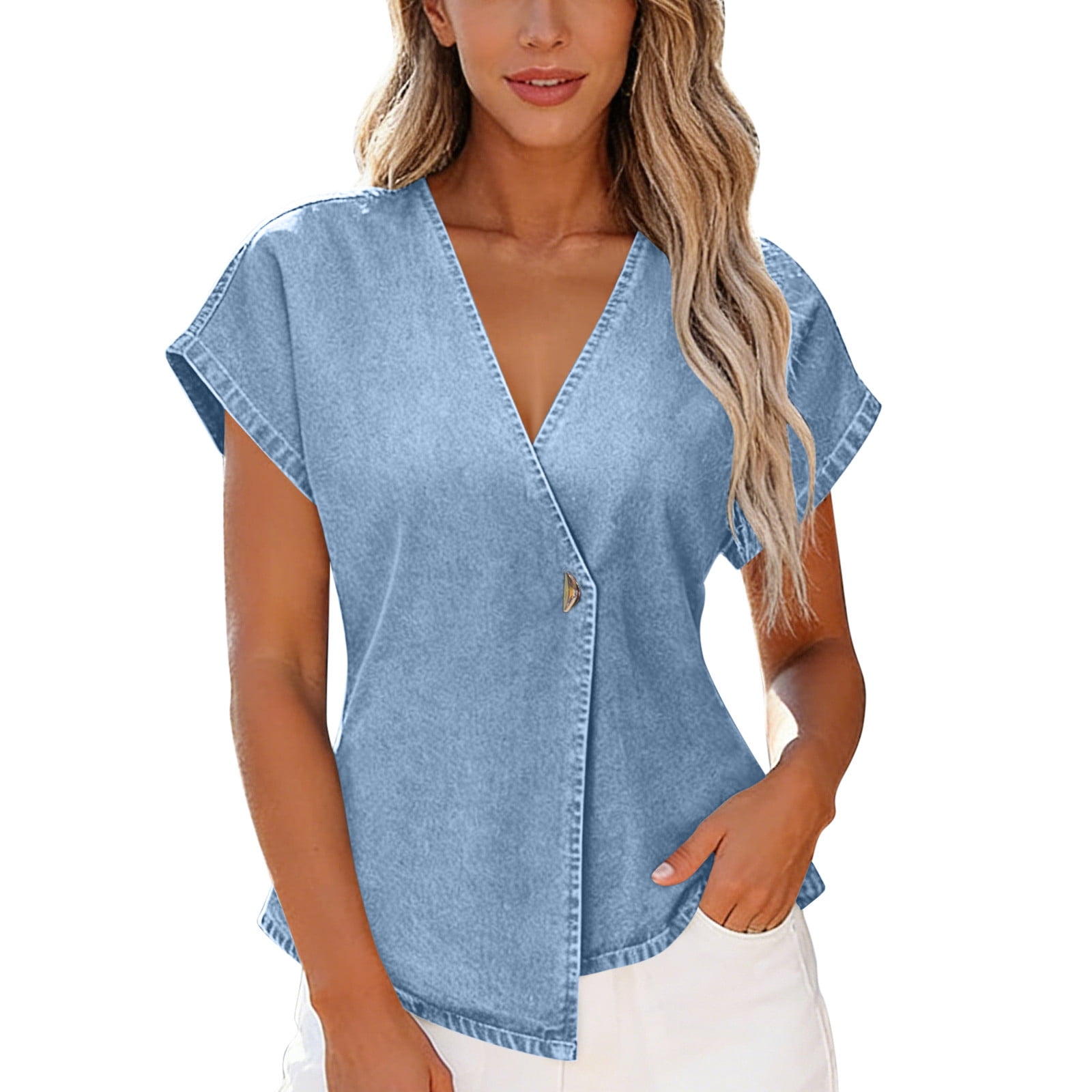 GUACER Denim Tops for Women Short Sleeve Wrap V Neck Shirts Casual ...