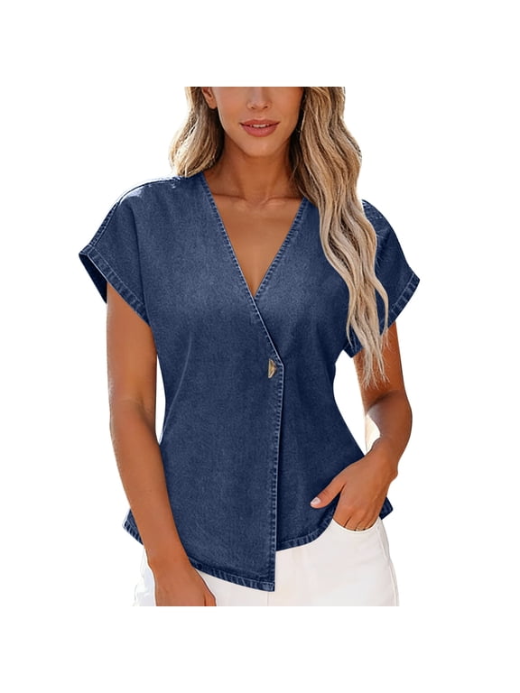 Denim Tops for Women Short Sleeve Wrap V Neck Shirts Casual Chambray Blouses Asymmetrical Button Tunic