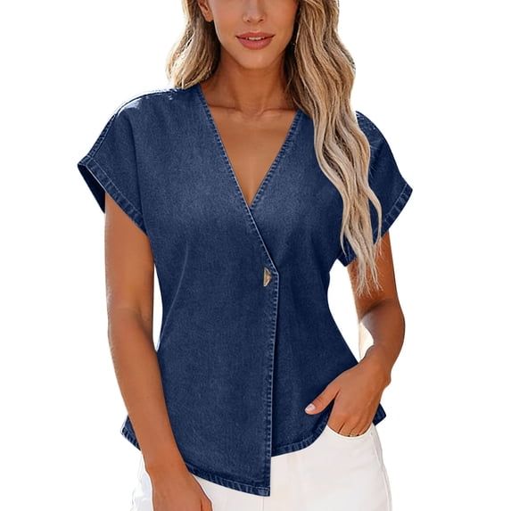 GUACER Denim Tops for Women Short Sleeve Wrap V Neck Shirts Casual Chambray Blouses Asymmetrical Button Tunic