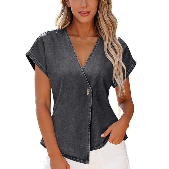 GUACER Denim Tops for Women Short Sleeve Wrap V Neck Shirts Casual Chambray Blouses Asymmetrical Button Tunic