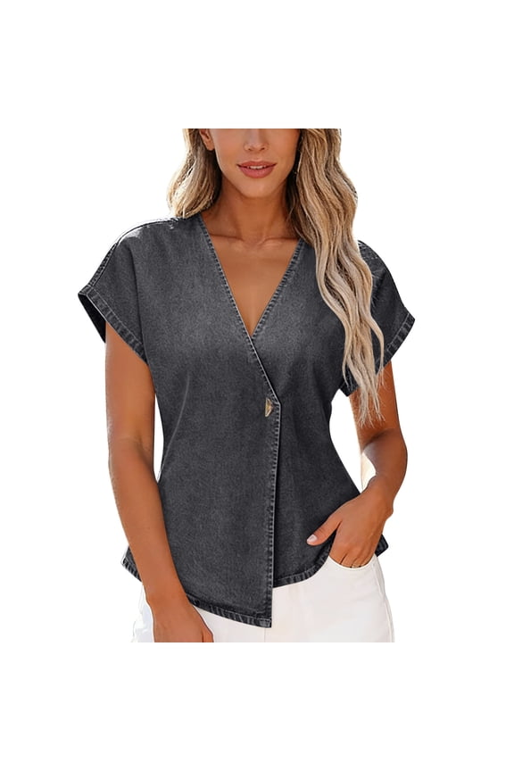 Denim Tops for Women Short Sleeve Wrap V Neck Shirts Casual Chambray Blouses Asymmetrical Button Tunic
